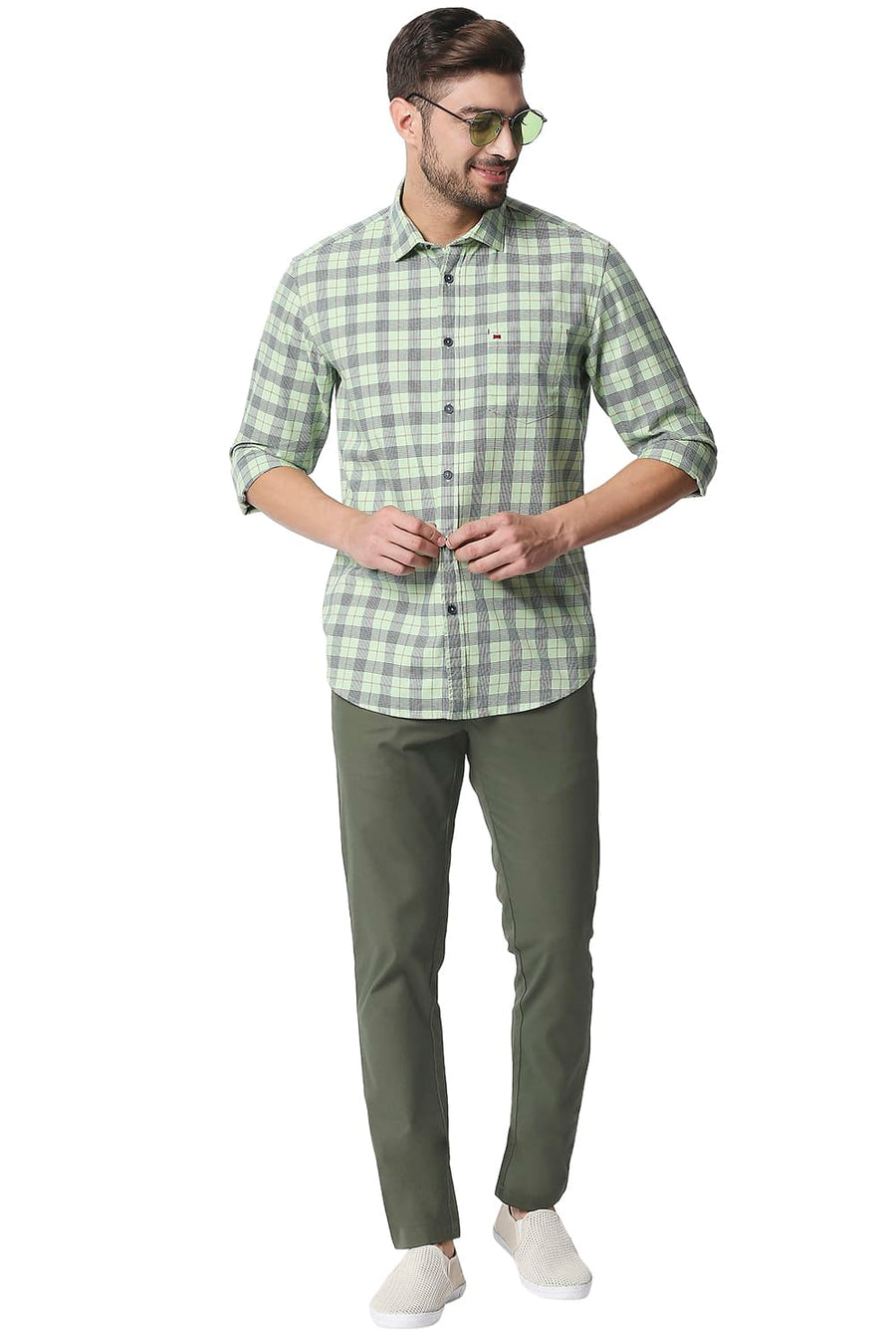 BASICS TAPERED FIT DOUGLAS GREEN STRETCH TROUSERS