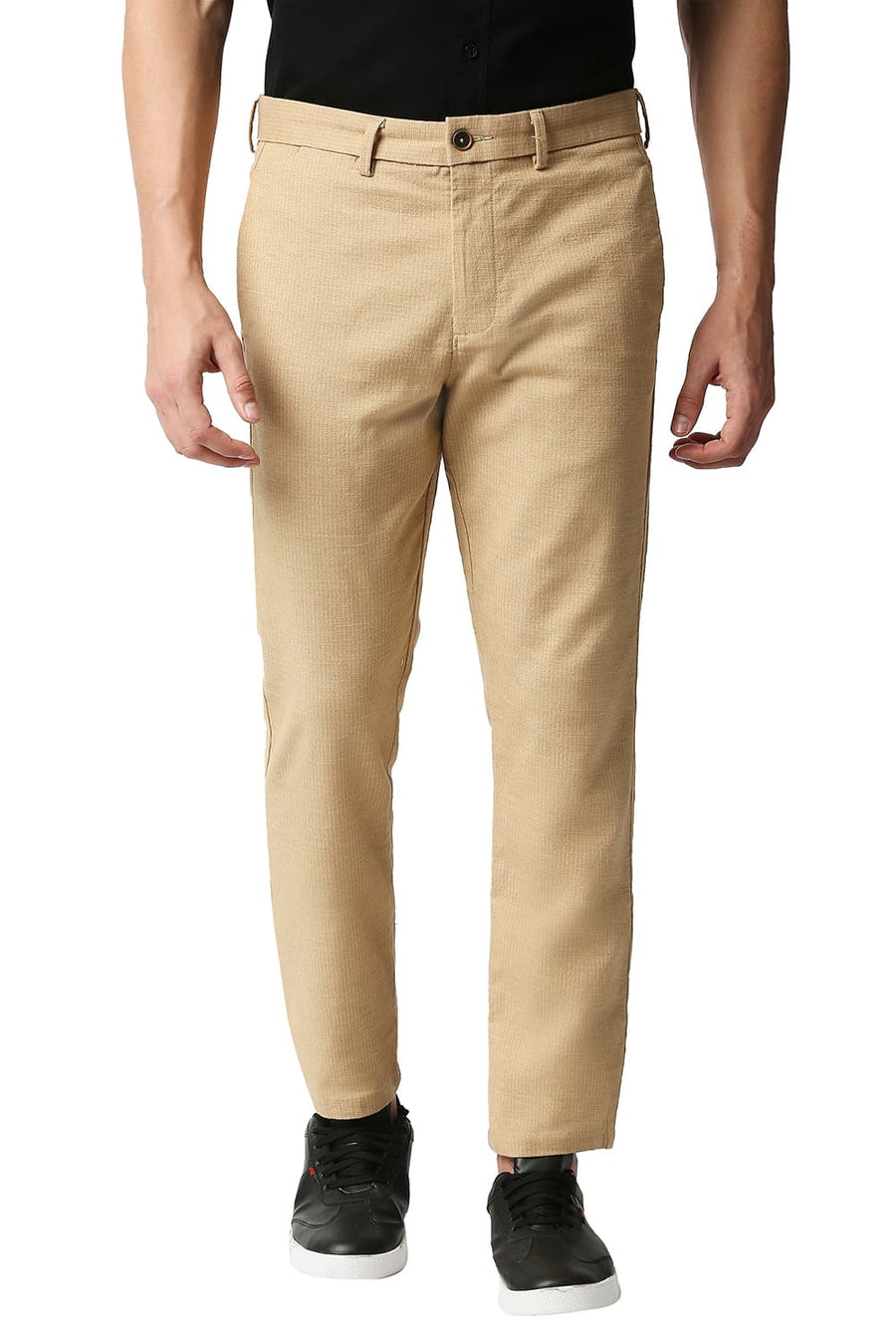 BASICS TAPERED FIT LATTE BROWN STRETCH TROUSERS