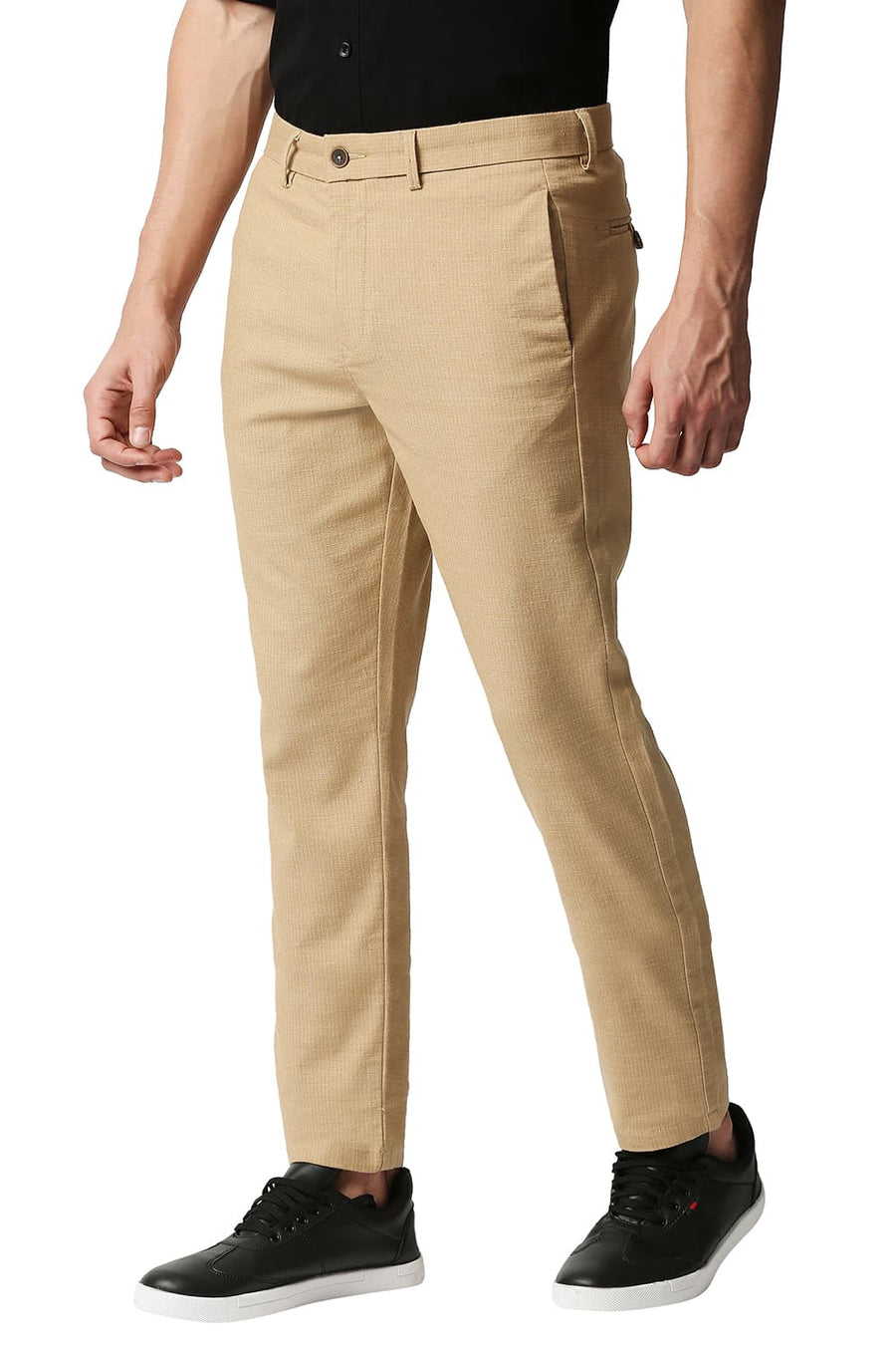 BASICS TAPERED FIT LATTE BROWN STRETCH TROUSERS
