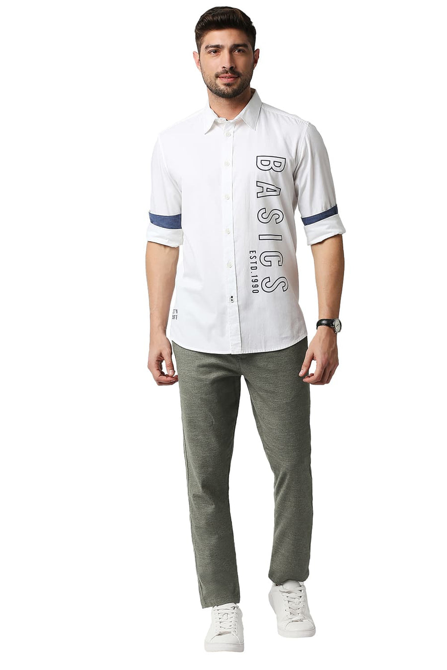 BASICS TAPERED FIT LICHEN OLVE STRETCH TROUSERS