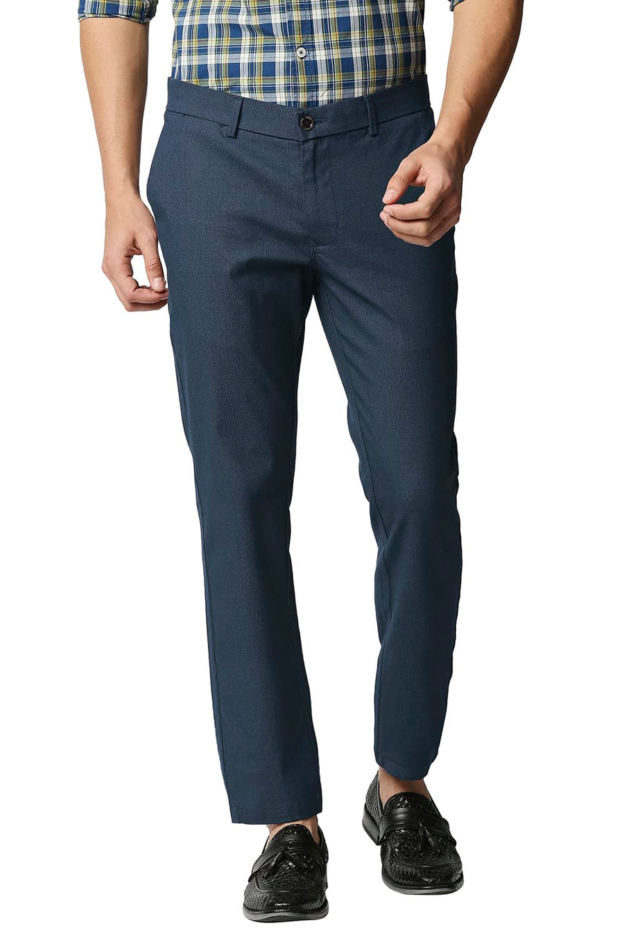 BASICS TAPERED FIT STRATIFIED NAVY STRETCH TROUSERS