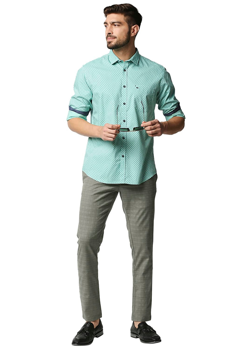 BASICS TAPERED FIT VETIVER GREEN STRETCH TROUSERS