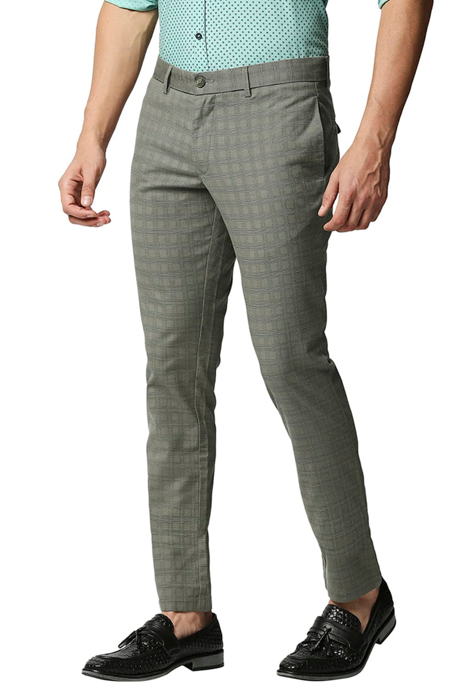 BASICS TAPERED FIT VETIVER GREEN STRETCH TROUSERS