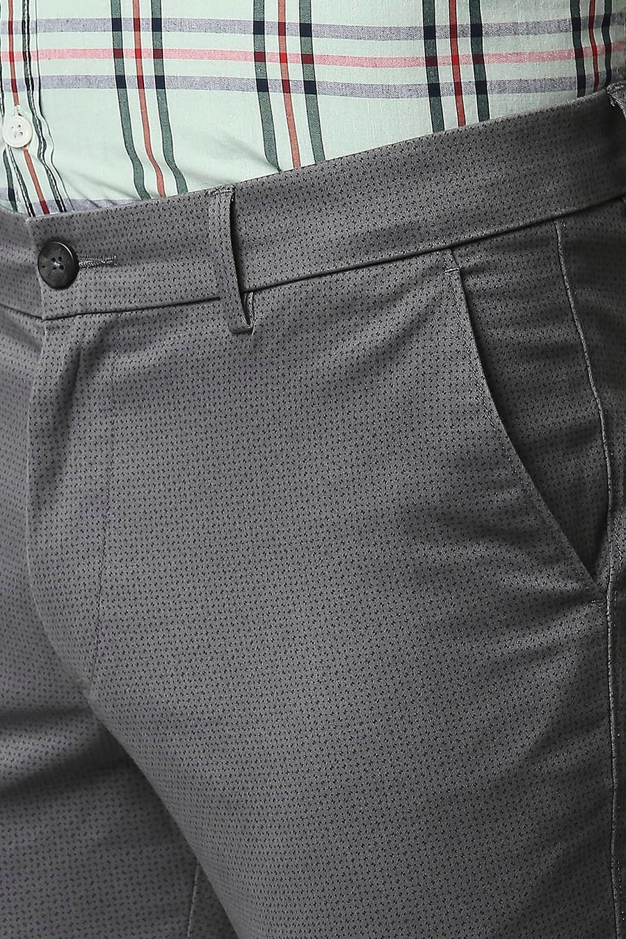 BASICS TAPERED FIT POPPY SEED GREY STRETCH PRINTED TROUSERS