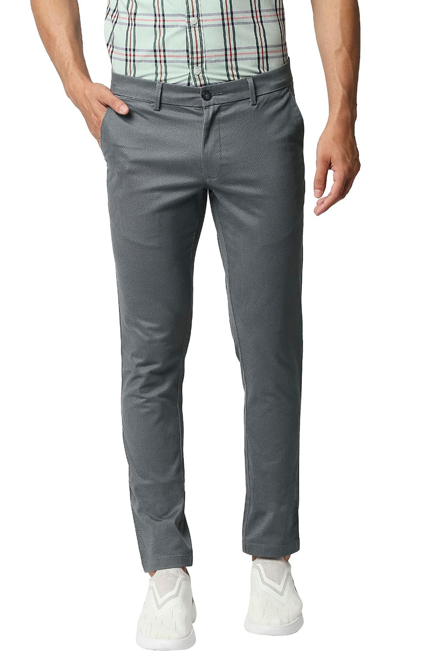BASICS TAPERED FIT POPPY SEED GREY STRETCH PRINTED TROUSERS