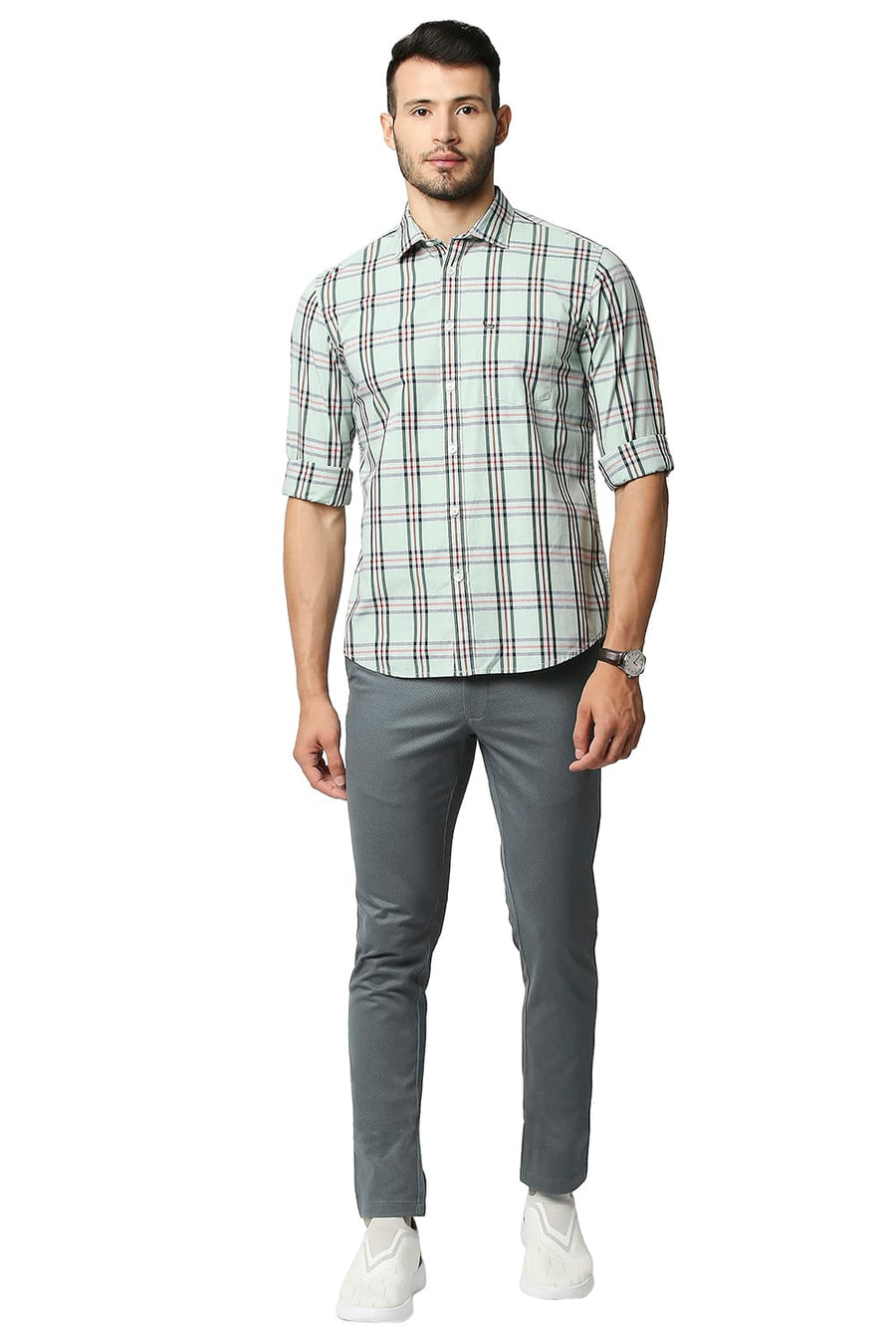 BASICS TAPERED FIT POPPY SEED GREY STRETCH PRINTED TROUSERS