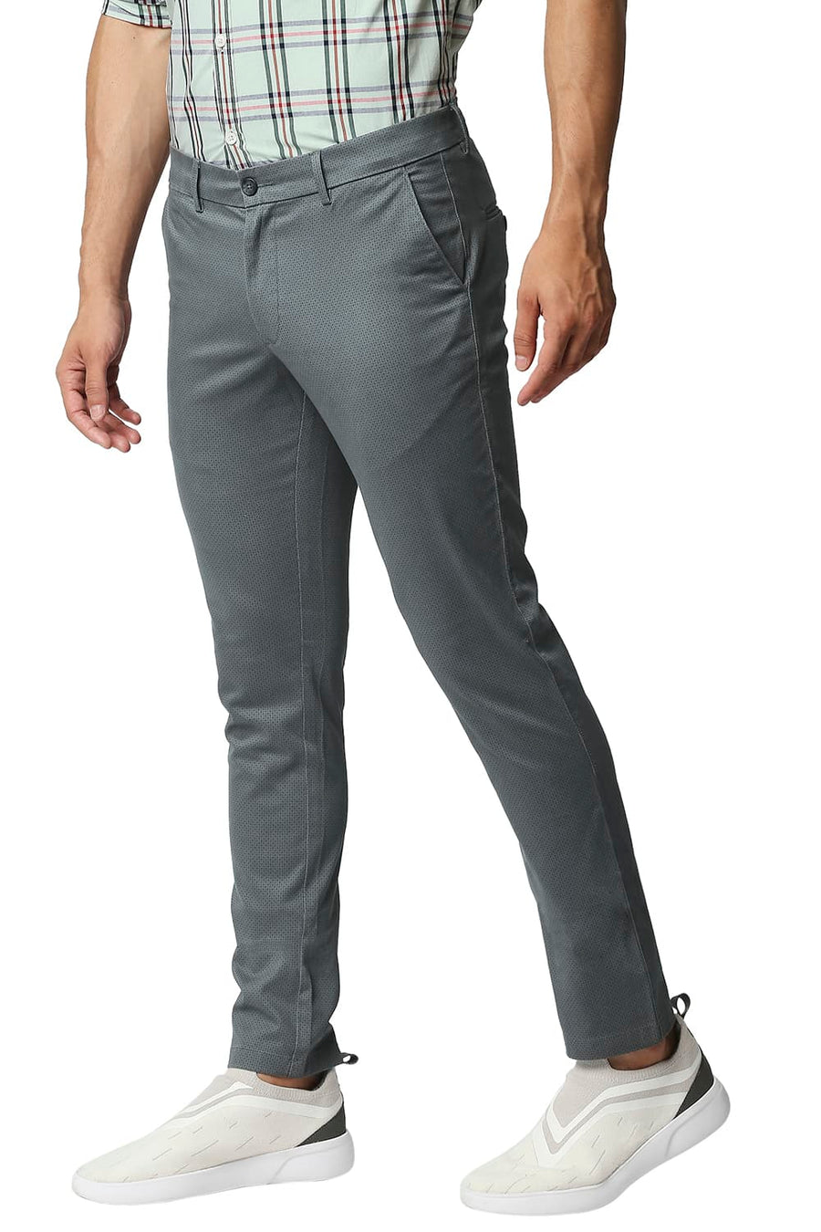 BASICS TAPERED FIT POPPY SEED GREY STRETCH PRINTED TROUSERS