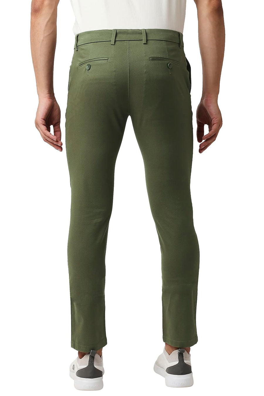BASICS TAPERED FIT BURNT OLIVE GREEN STRETCH PRINTED TROUSERS