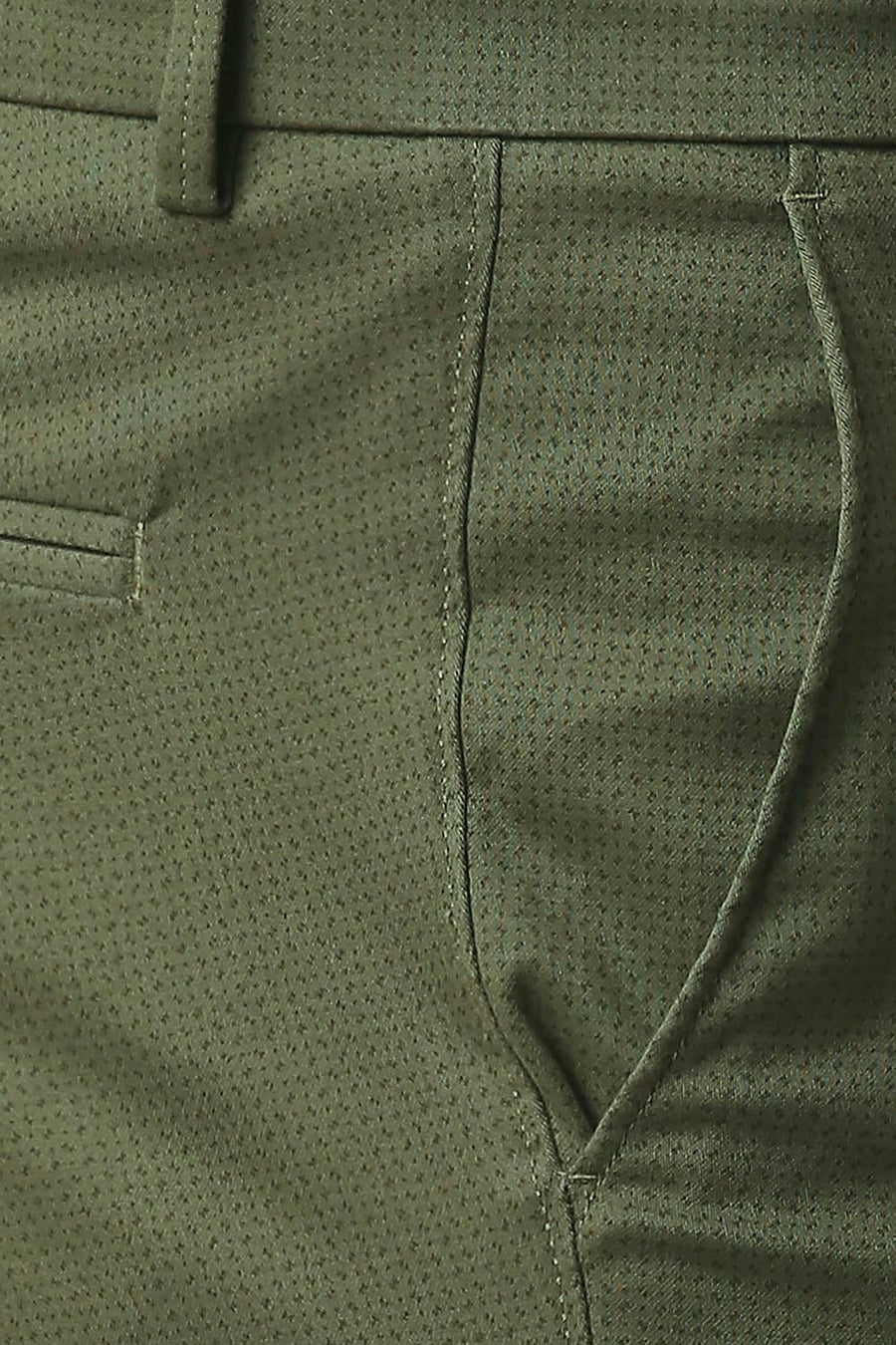 BASICS TAPERED FIT BURNT OLIVE GREEN STRETCH PRINTED TROUSERS