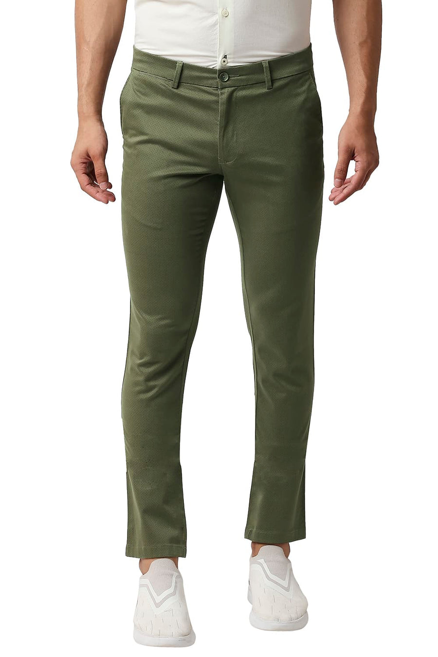 BASICS TAPERED FIT BURNT OLIVE GREEN STRETCH PRINTED TROUSERS