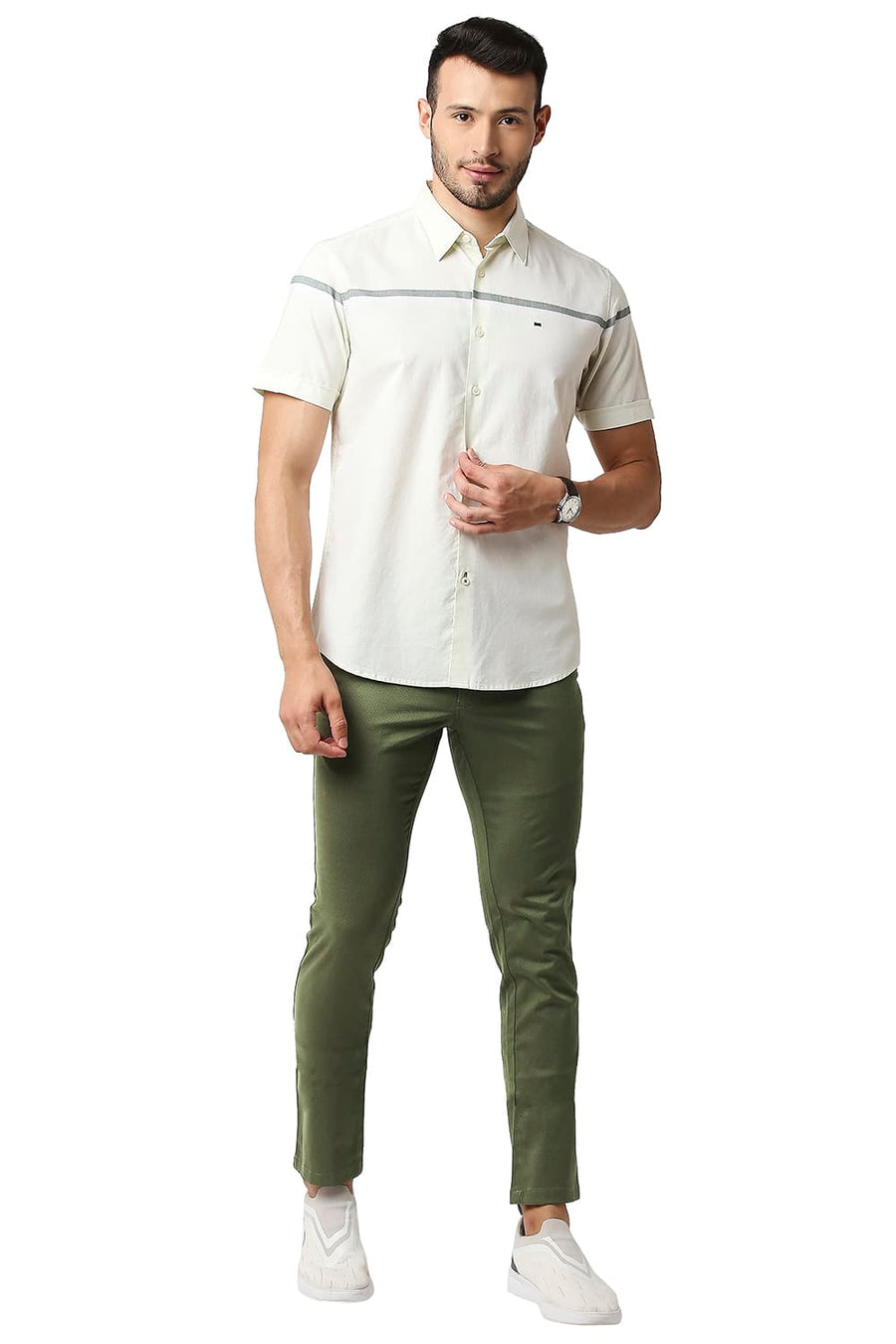 BASICS TAPERED FIT BURNT OLIVE GREEN STRETCH PRINTED TROUSERS