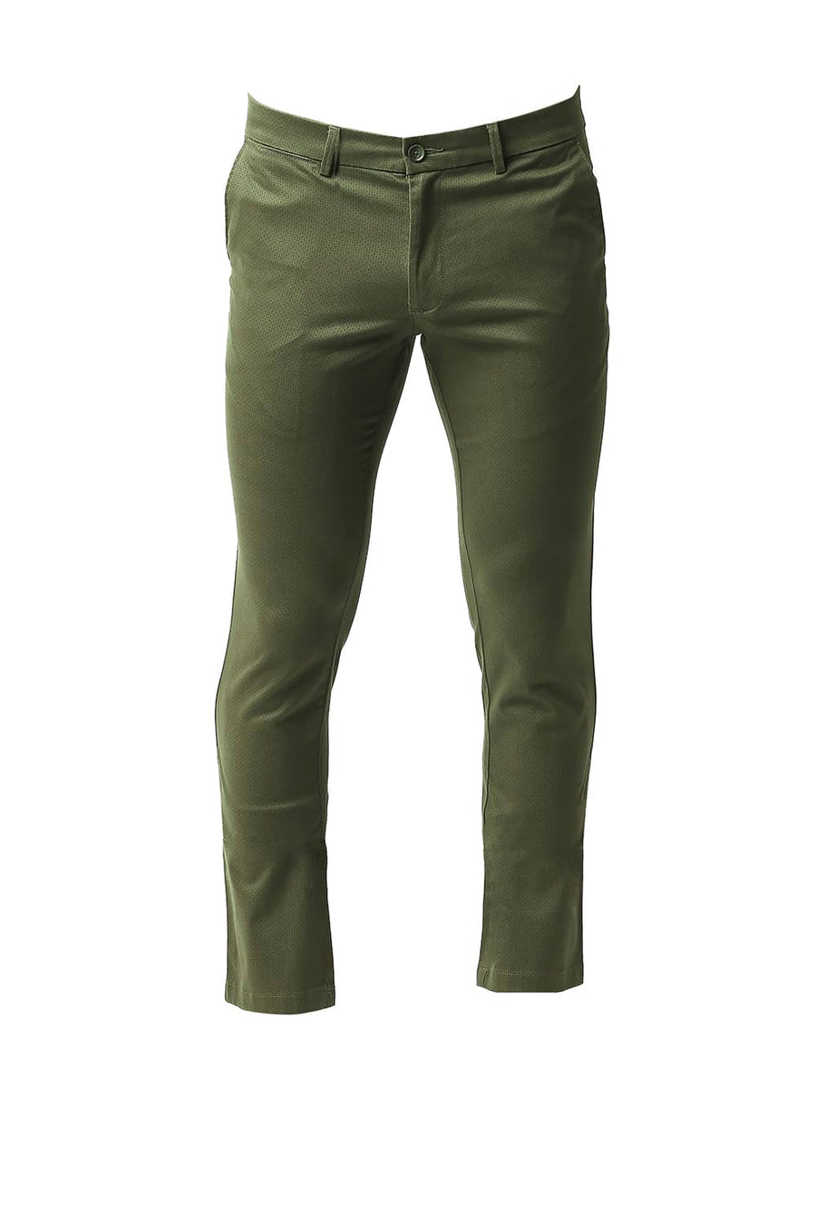 BASICS TAPERED FIT BURNT OLIVE GREEN STRETCH PRINTED TROUSERS