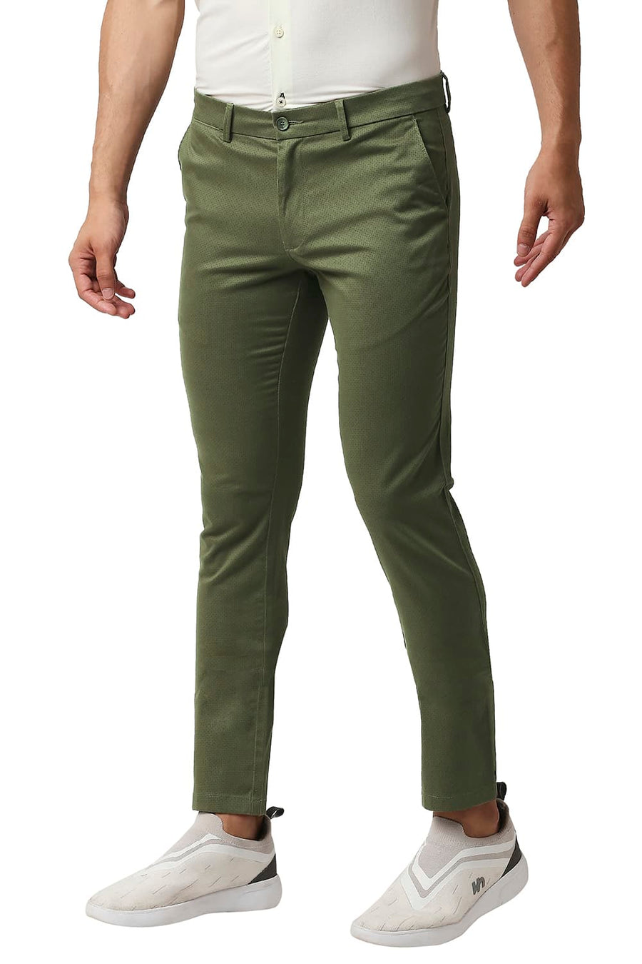 BASICS TAPERED FIT BURNT OLIVE GREEN STRETCH PRINTED TROUSERS