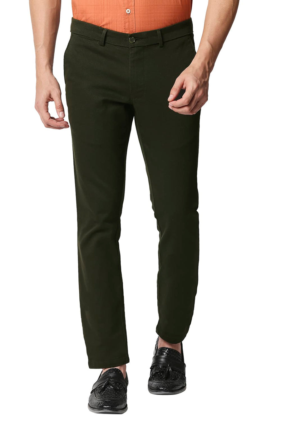 BASICS TAPERED FIT ROSIN OLIVE STRETCH TROUSERS
