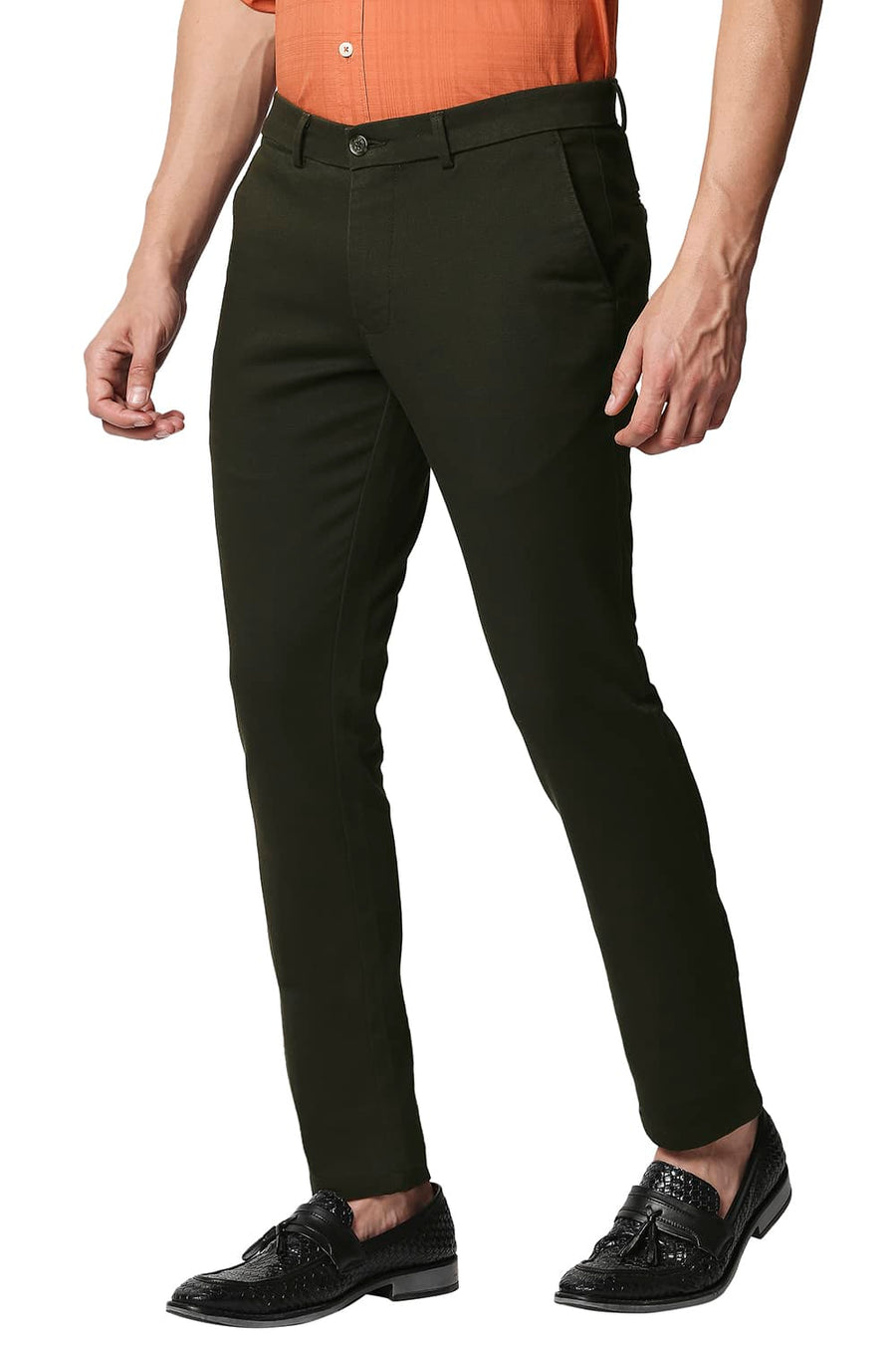 BASICS TAPERED FIT ROSIN OLIVE STRETCH TROUSERS