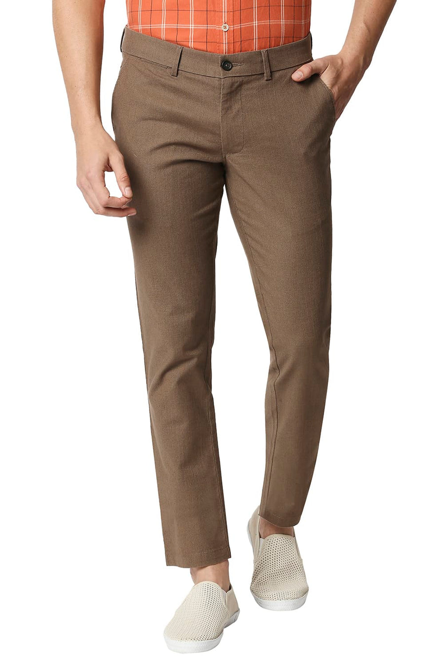 BASICS TAPERED FIT MALT BROWN STRETCH TROUSERS