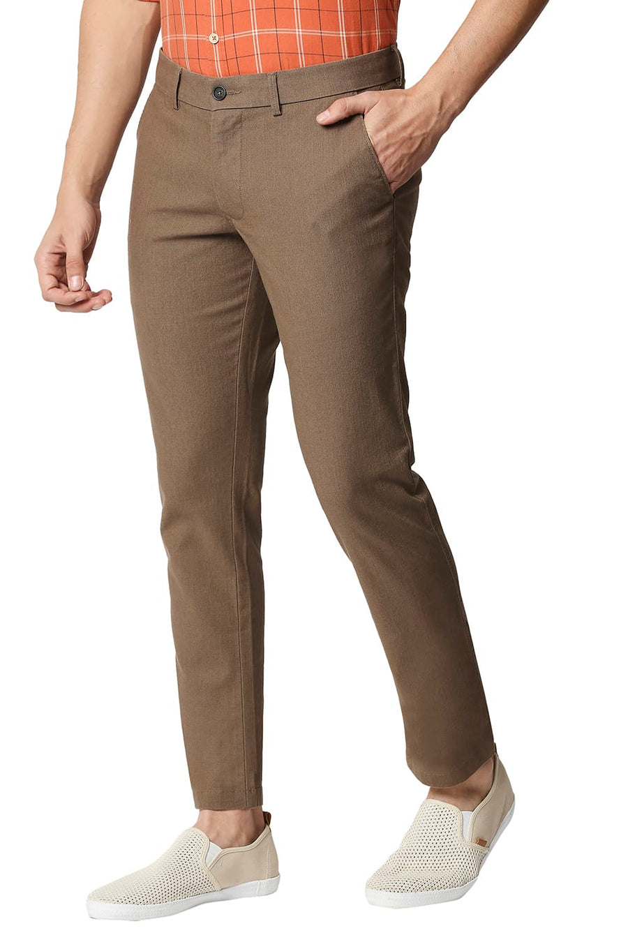 BASICS TAPERED FIT MALT BROWN STRETCH TROUSERS