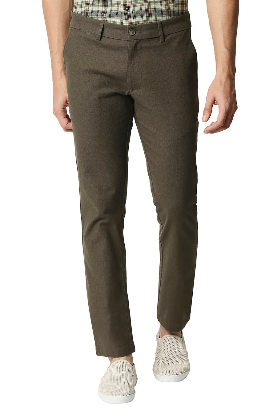 BASICS TAPERED FIT CROWDILE GREEN STRETCH TROUSERS