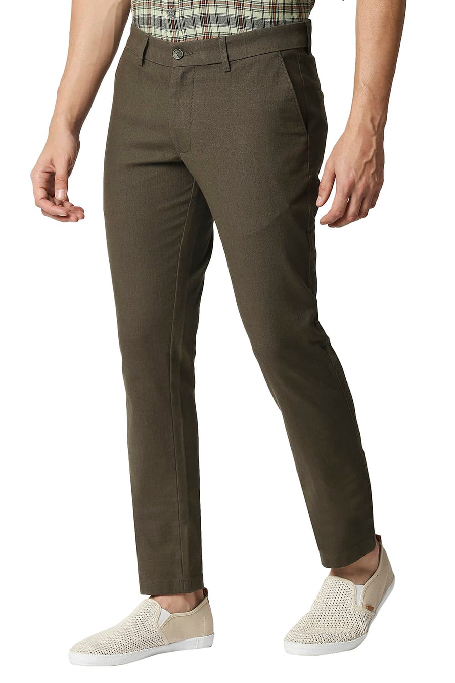 BASICS TAPERED FIT CROWDILE GREEN STRETCH TROUSERS