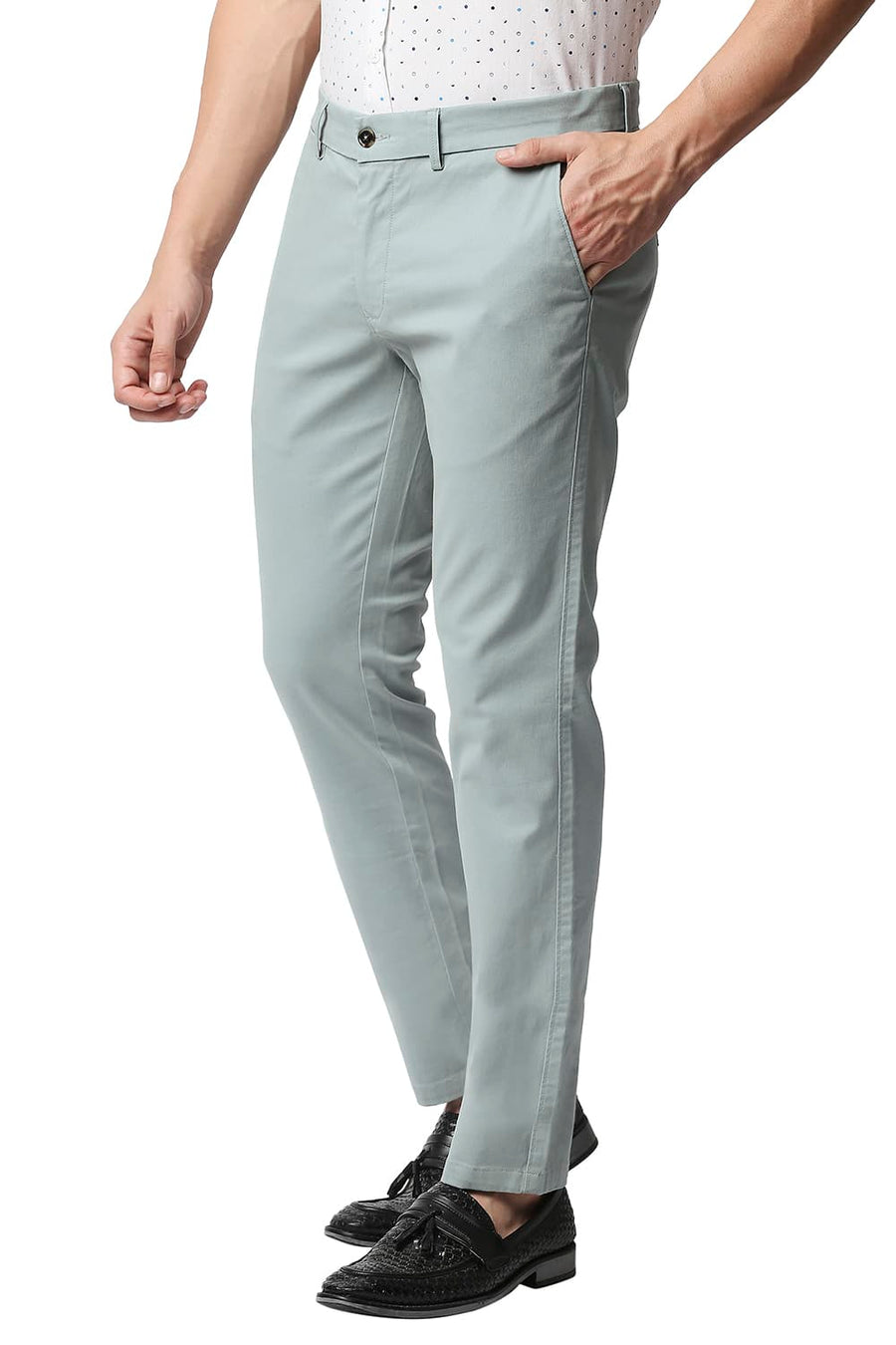 BASICS TAPERED FIT JADEITE TURQUOISE STRETCH TROUSERS