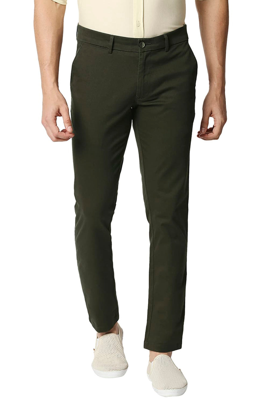 BASICS TAPERED FIT OLIVE NIGHT STRETCH TROUSERS