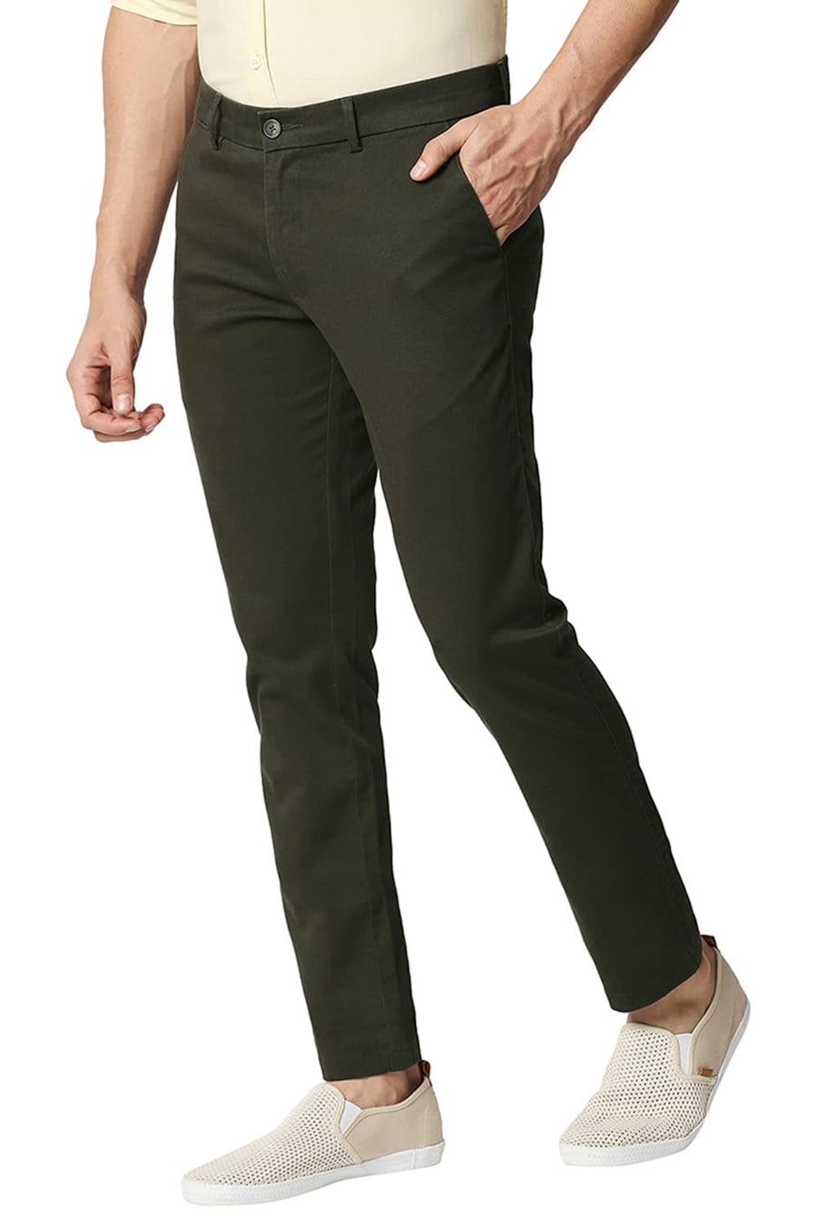 BASICS TAPERED FIT OLIVE NIGHT STRETCH TROUSERS