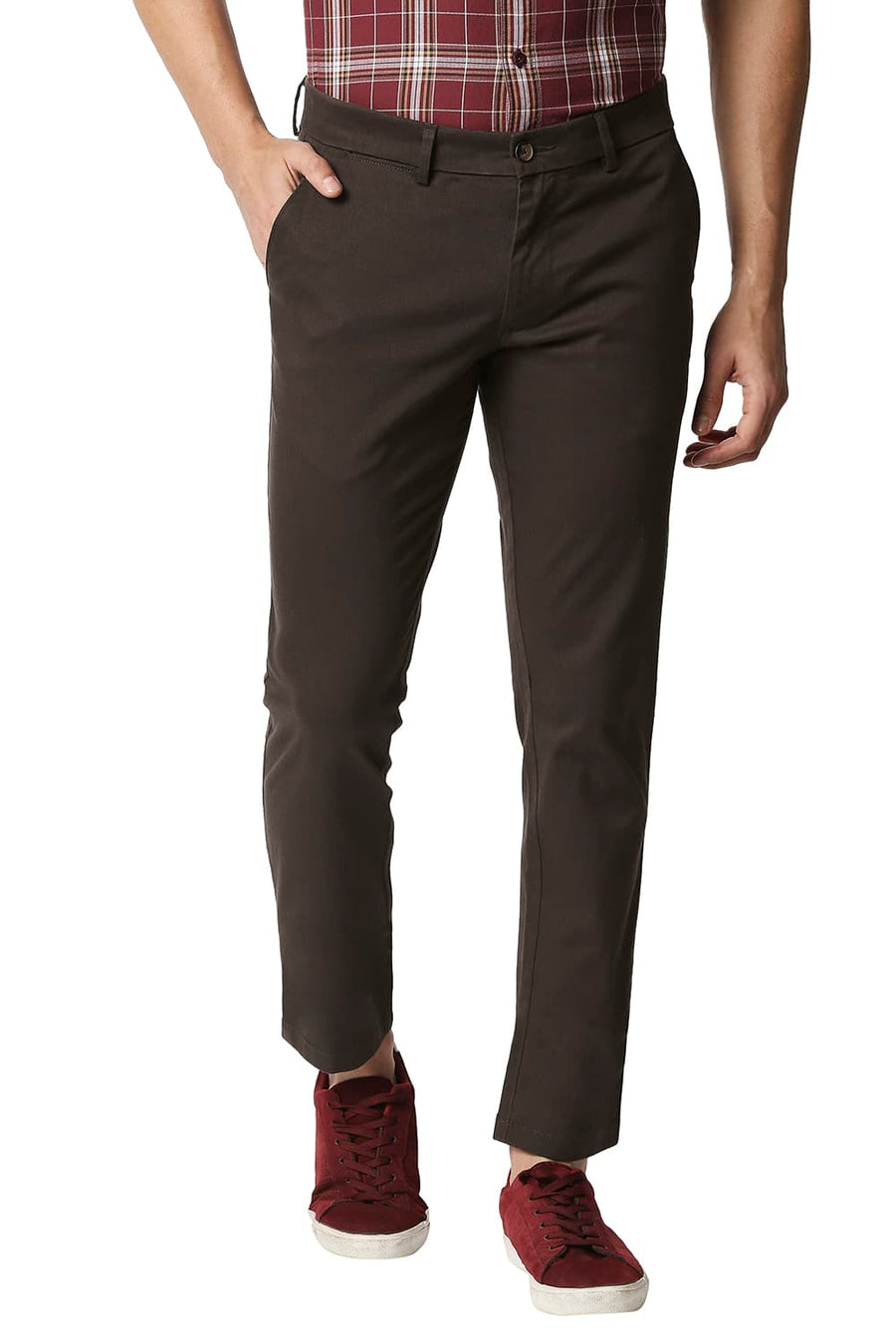 BASICS TAPERED FIT FUDGE WINE STRETCH TROUSERS