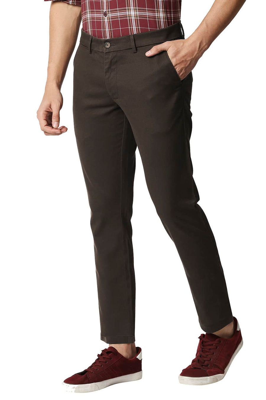 BASICS TAPERED FIT FUDGE WINE STRETCH TROUSERS