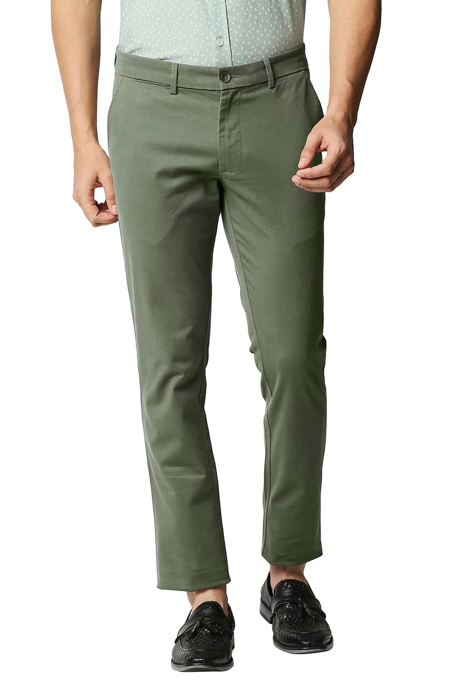 BASICS TAPERED FIT OLIVINE GREEN STRETCH TROUSERS