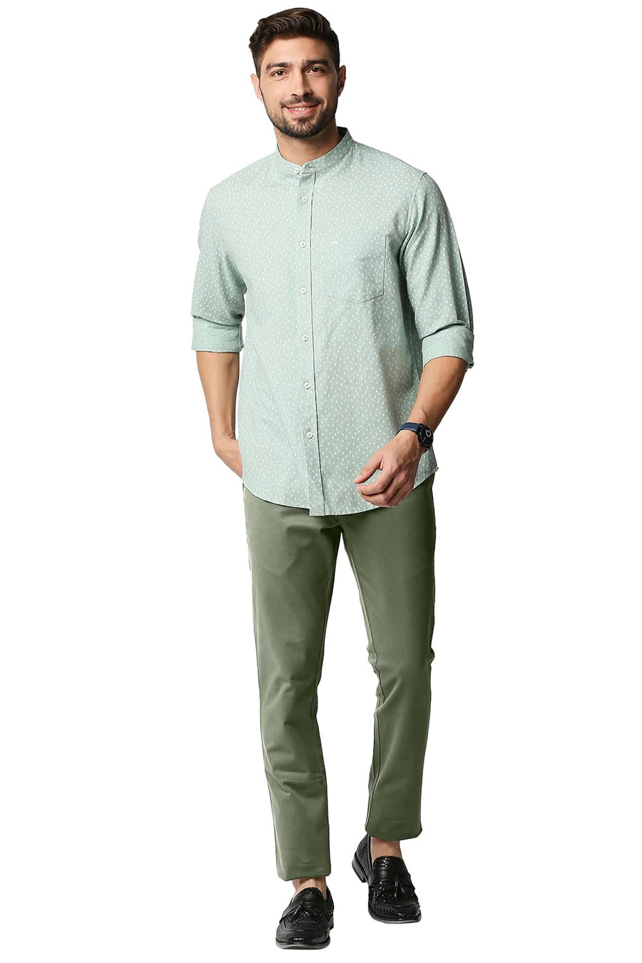 BASICS TAPERED FIT OLIVINE GREEN STRETCH TROUSERS