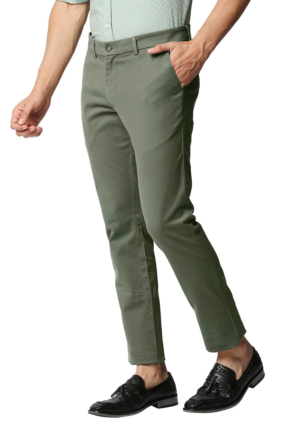 BASICS TAPERED FIT OLIVINE GREEN STRETCH TROUSERS