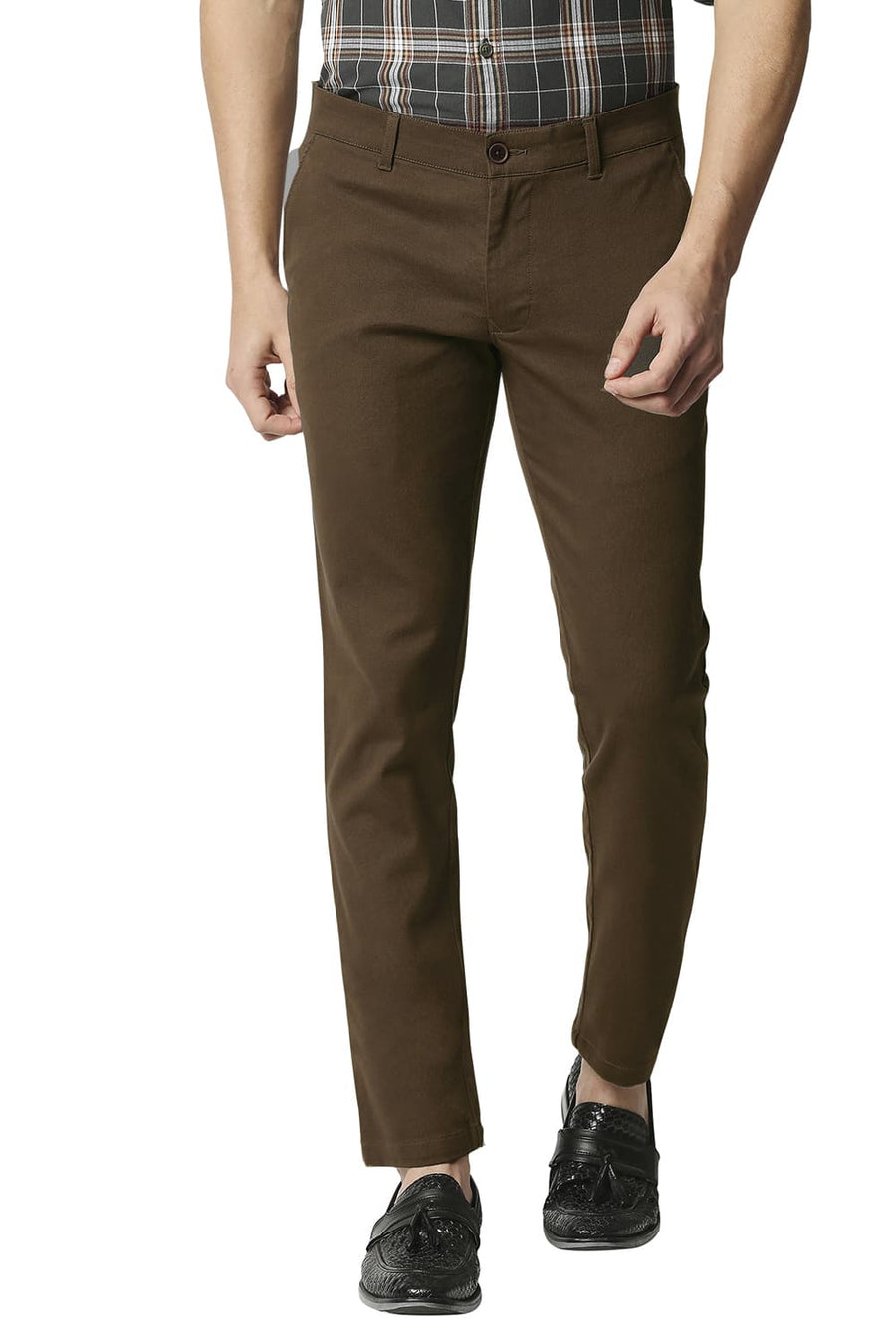 BASICS TAPERED FIT KANGAROO BROWN STRETCH TROUSERS