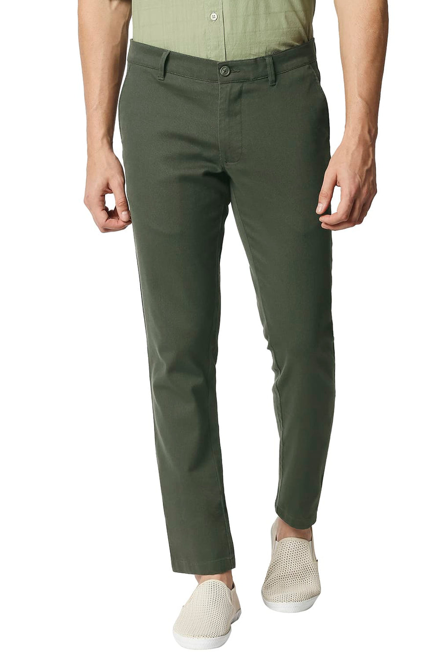 BASICS TAPERED FIT KOMBU OLIVE STRETCH TROUSERS