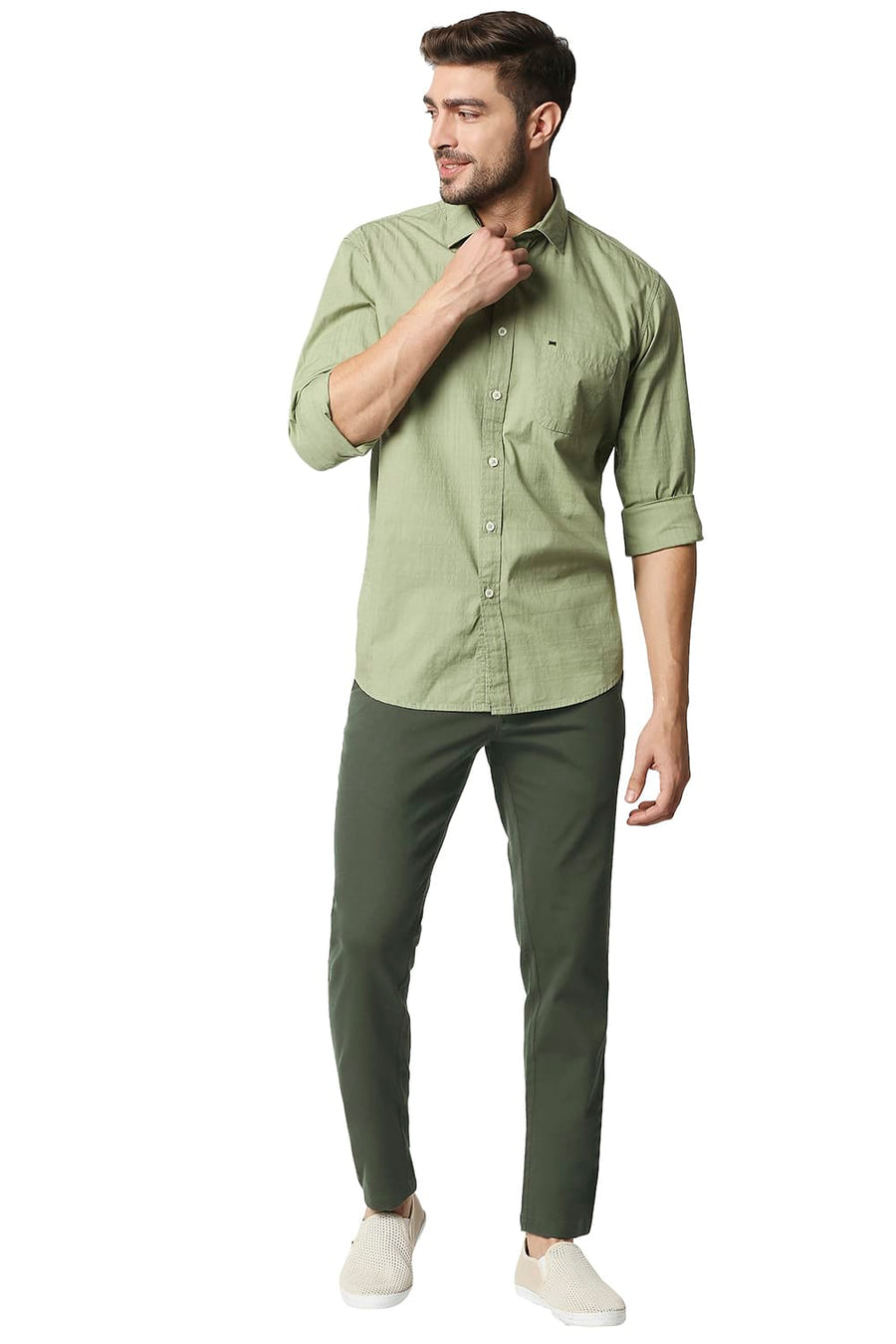 BASICS TAPERED FIT KOMBU OLIVE STRETCH TROUSERS