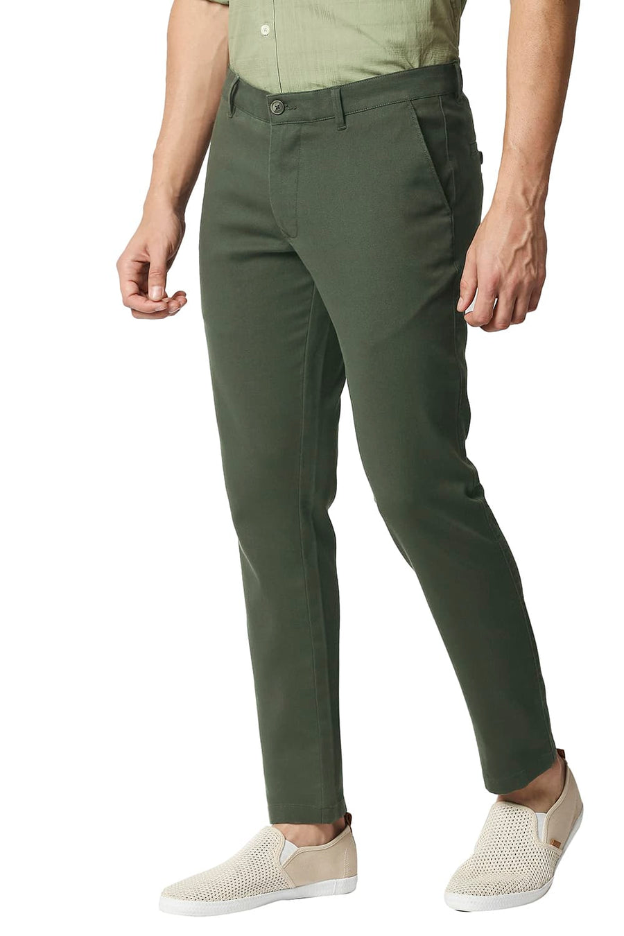BASICS TAPERED FIT KOMBU OLIVE STRETCH TROUSERS