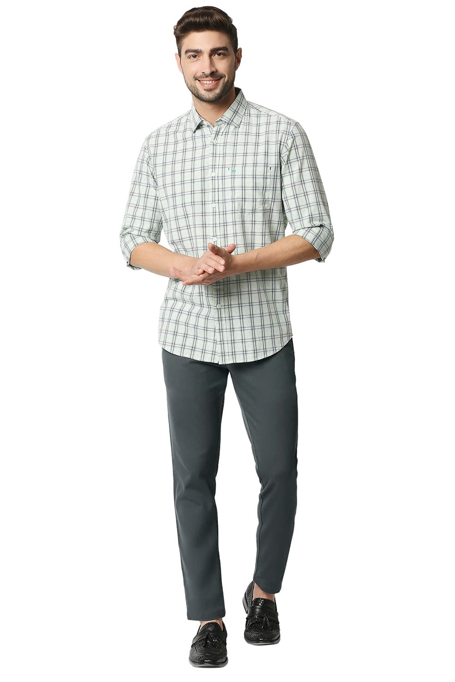 BASICS TAPERED FIT TURBULANCE GREY STRETCH TROUSERS