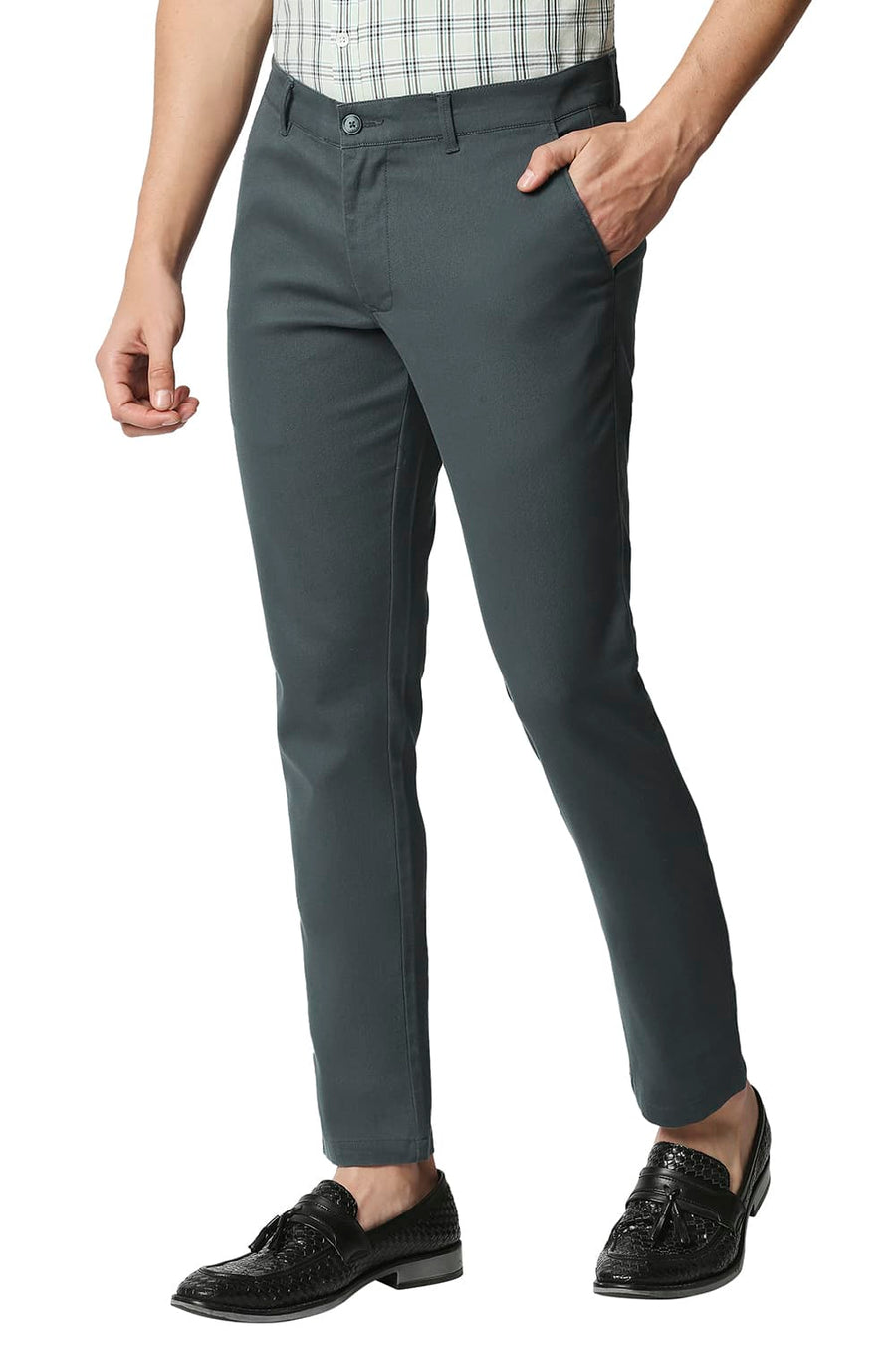 BASICS TAPERED FIT TURBULANCE GREY STRETCH TROUSERS