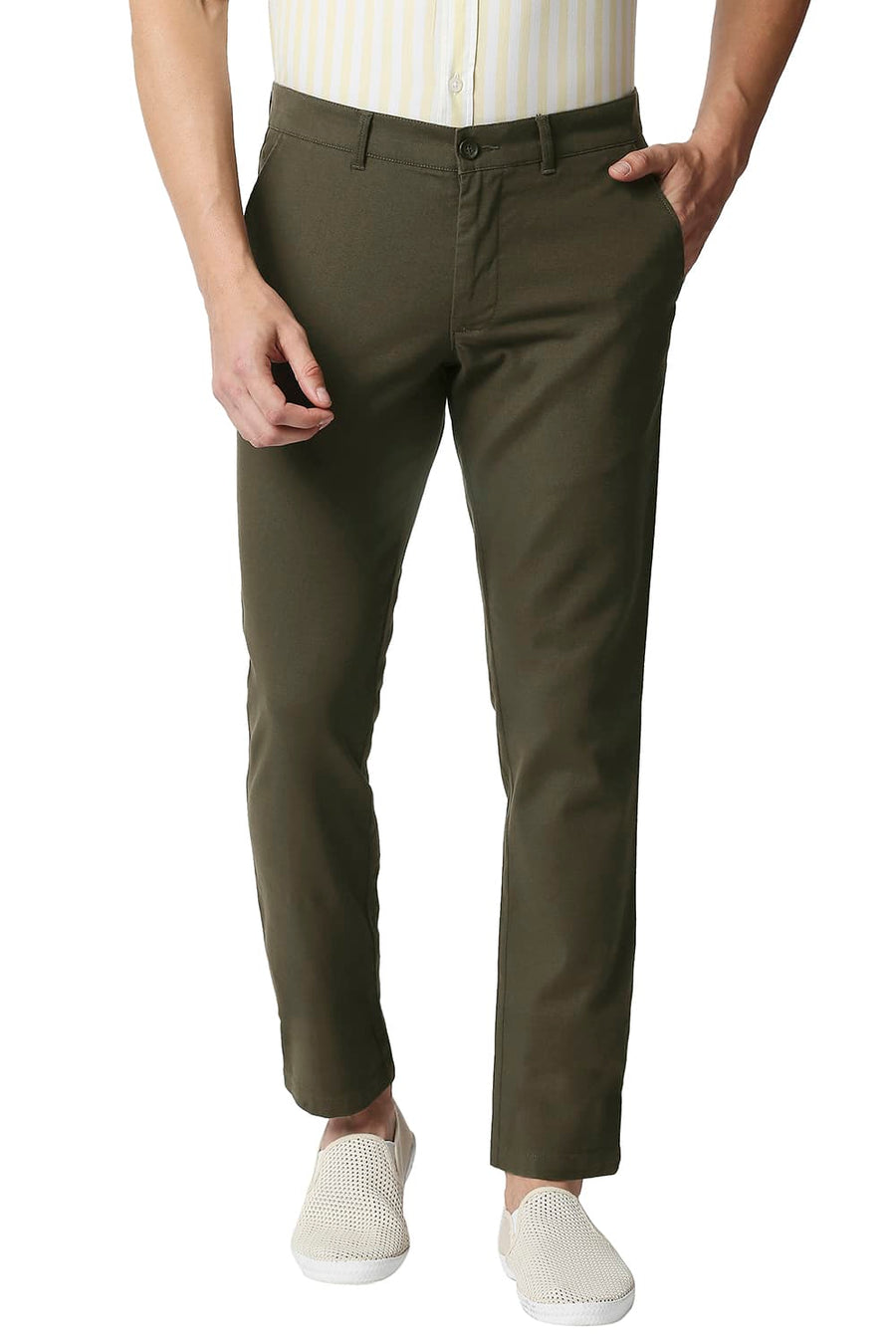 BASICS TAPERED FIT SLATE COFFEE STRETCH TROUSERS