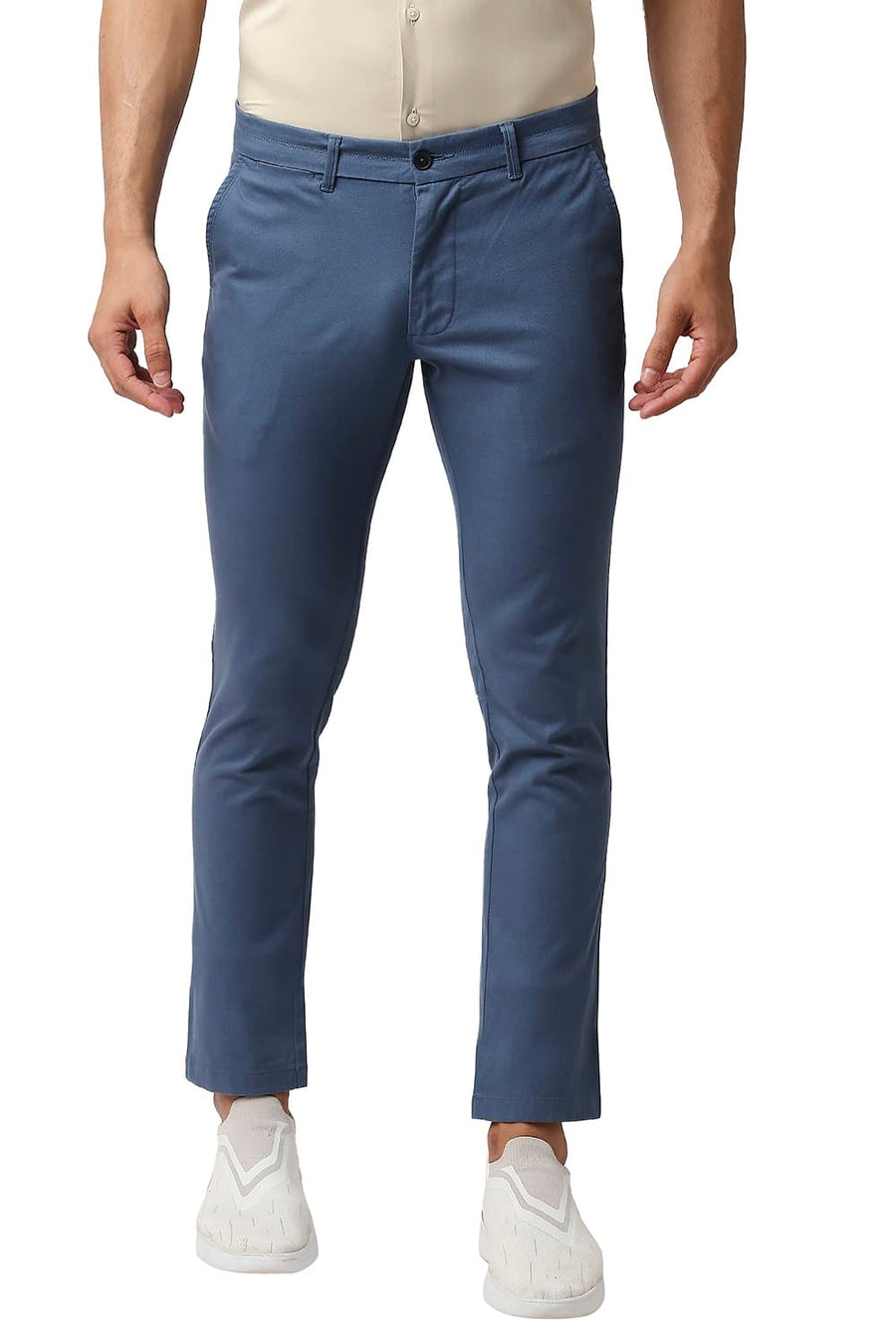 BASICS TAPERED FIT FAIENCE BLUE COTTON STRETCH TROUSERS