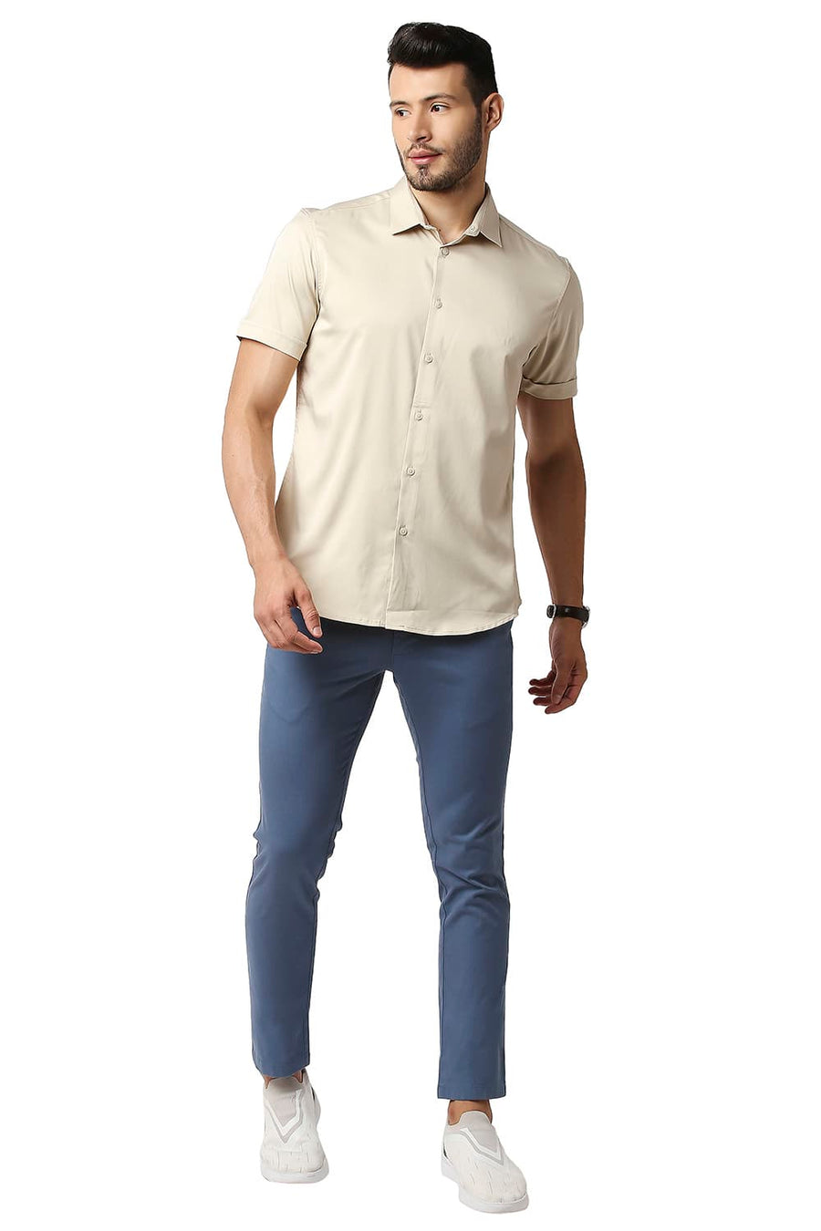 BASICS TAPERED FIT FAIENCE BLUE COTTON STRETCH TROUSERS