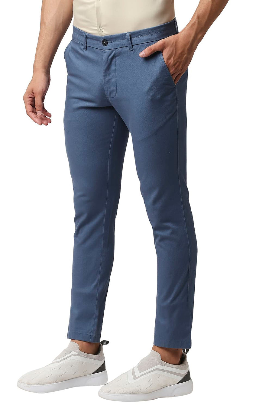 BASICS TAPERED FIT FAIENCE BLUE COTTON STRETCH TROUSERS