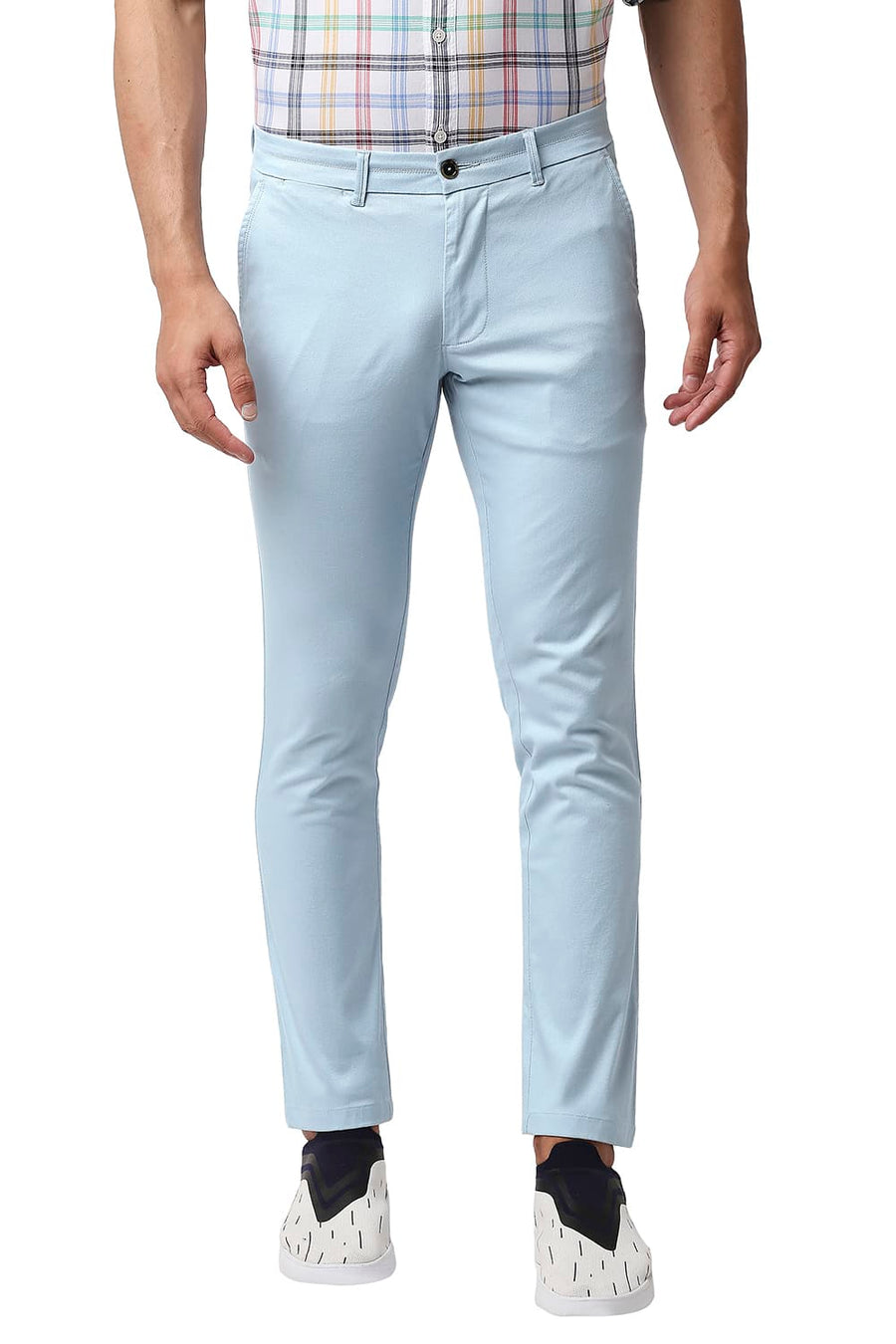 BASICS TAPERED FIT CORYDALIS BLUE COTTON STRETCH TROUSERS
