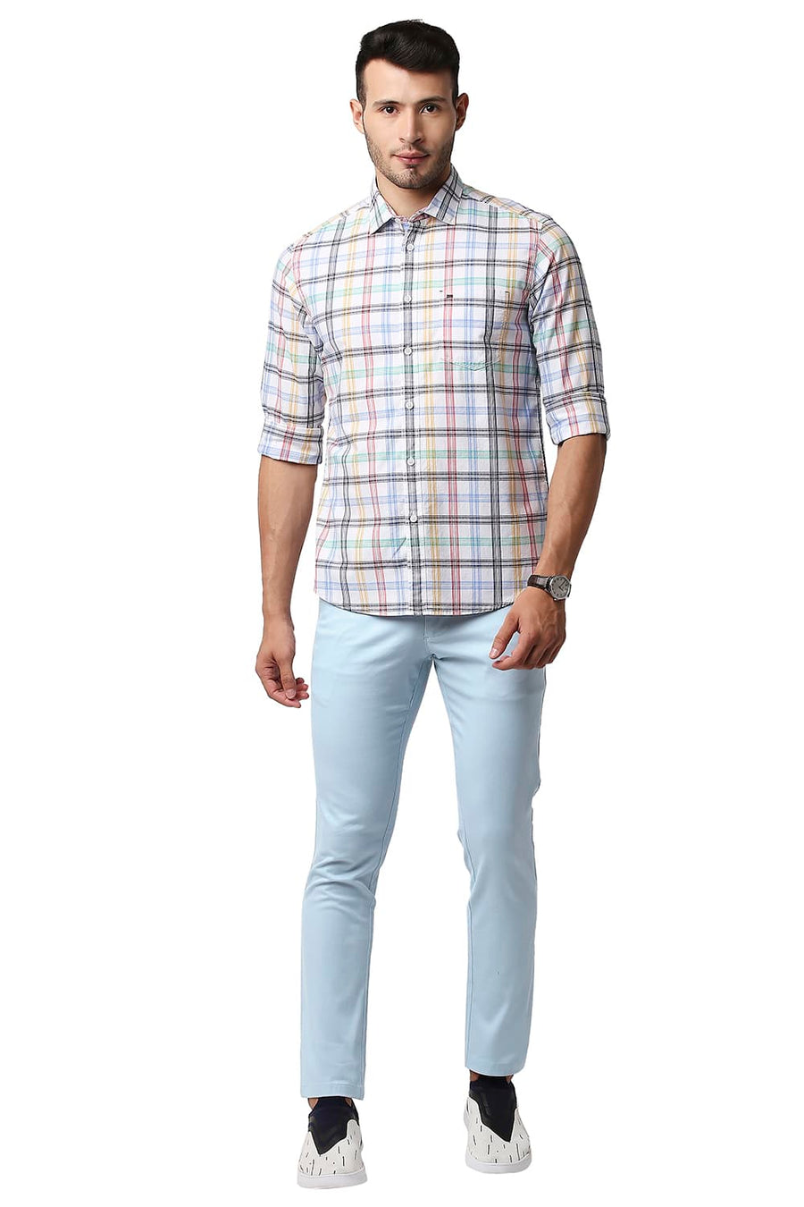 BASICS TAPERED FIT CORYDALIS BLUE COTTON STRETCH TROUSERS