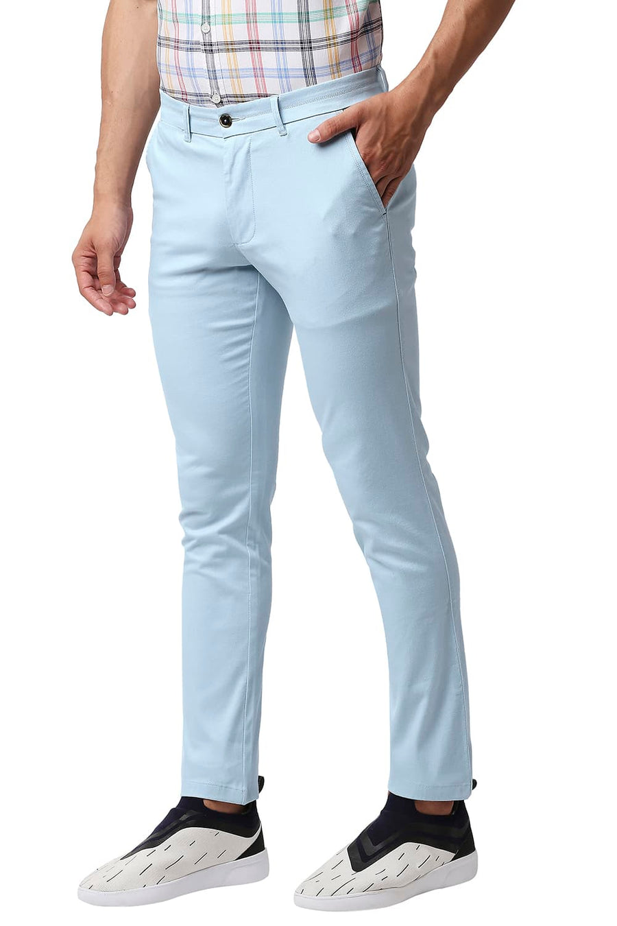 BASICS TAPERED FIT CORYDALIS BLUE COTTON STRETCH TROUSERS