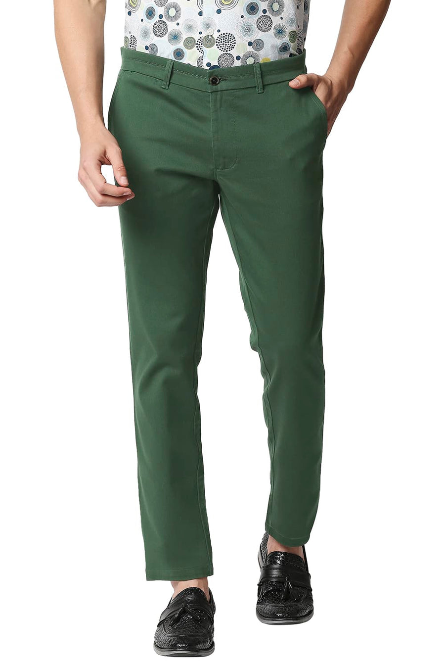 BASICS TAPERED FIT VERDANT GREEN STRETCH TROUSERS