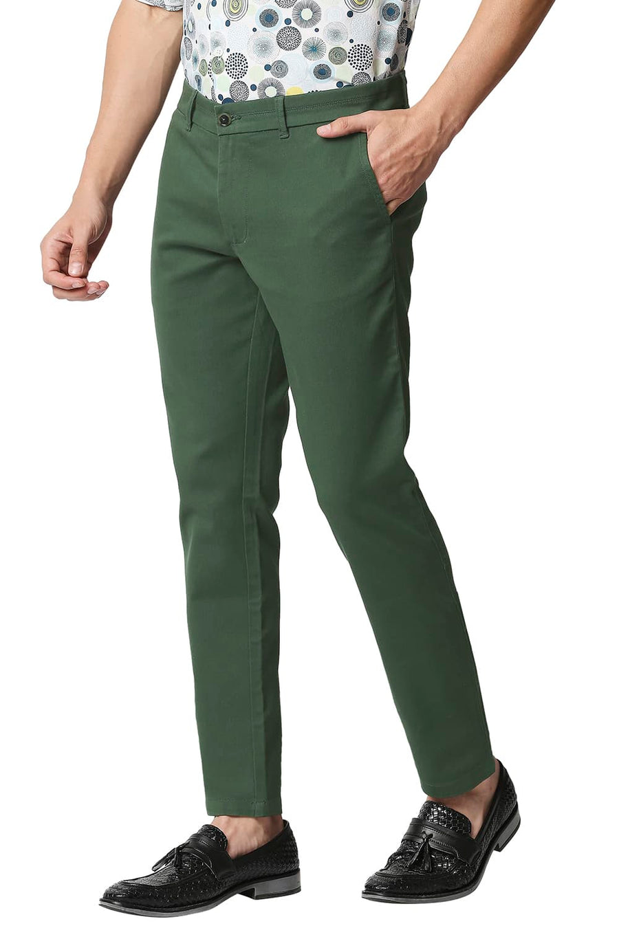 BASICS TAPERED FIT VERDANT GREEN STRETCH TROUSERS