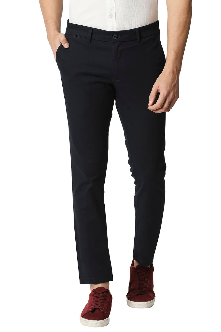 BASICS TAPERED FIT BLUEBERRY NAVY STRETCH TROUSERS