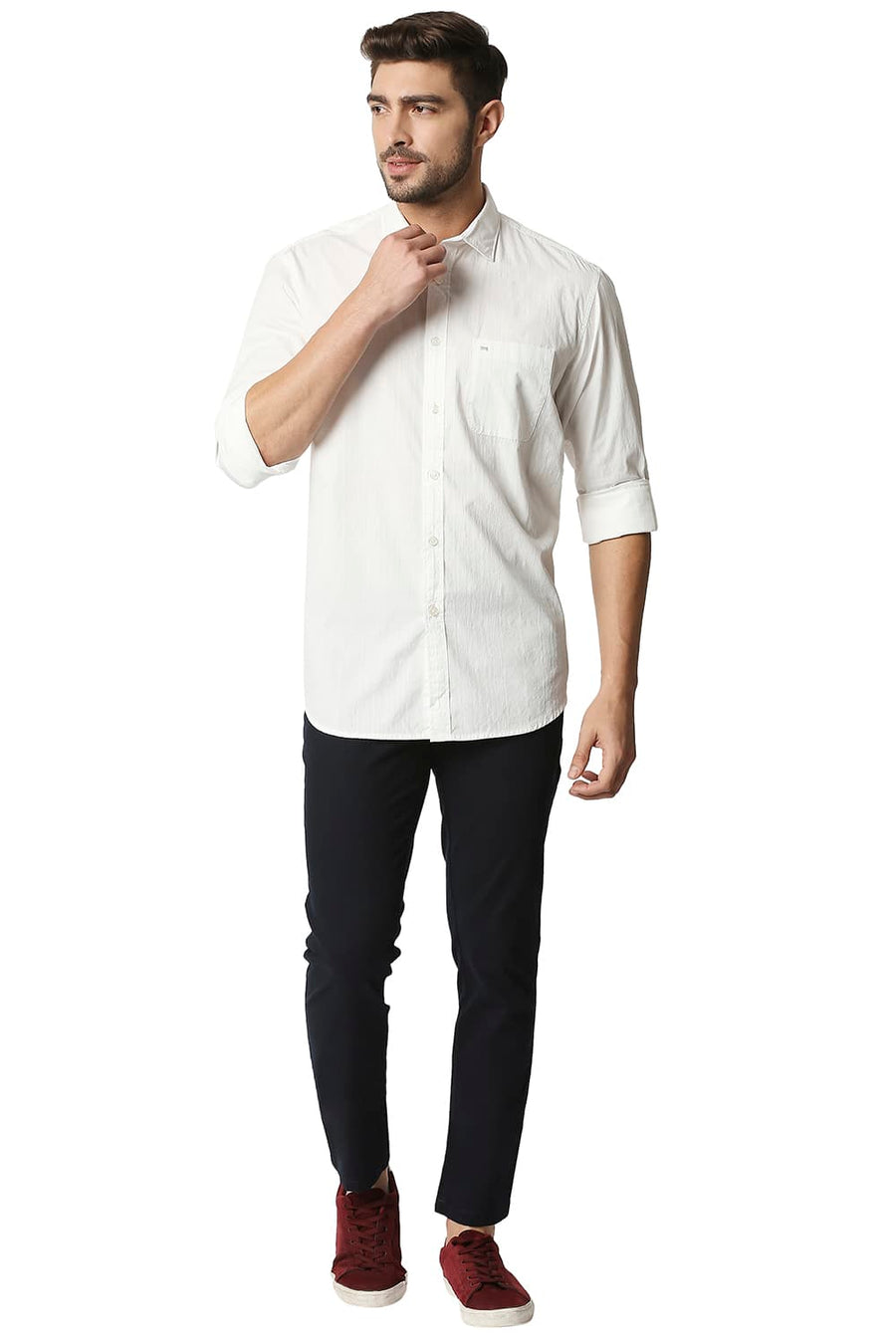 BASICS TAPERED FIT BLUEBERRY NAVY STRETCH TROUSERS