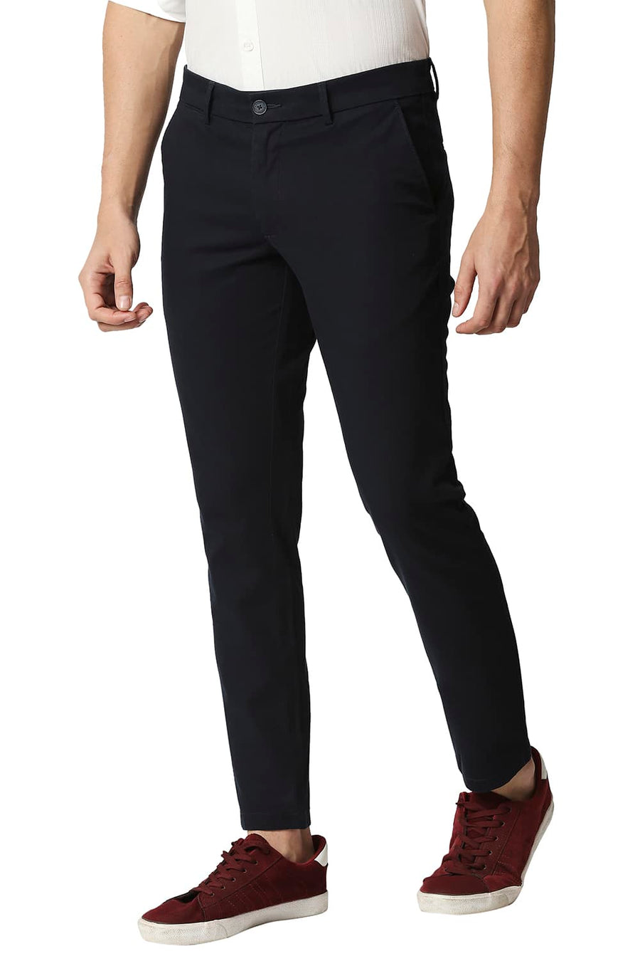 BASICS TAPERED FIT BLUEBERRY NAVY STRETCH TROUSERS