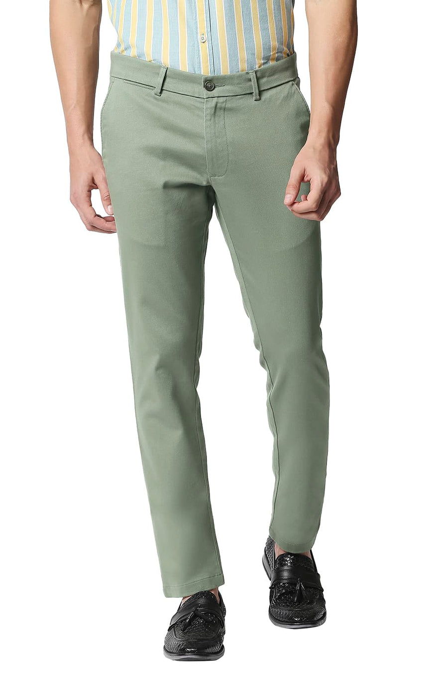 BASICS TAPERED FIT OIL GREEN STRETCH TROUSERS